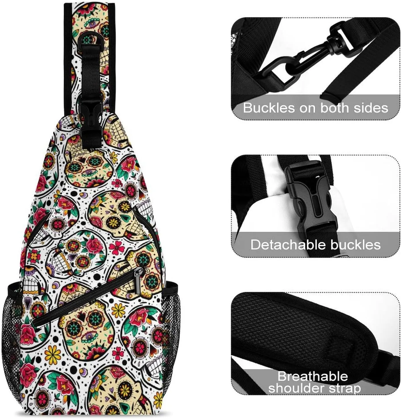 Mexican-skulls-pattern Crossbody Sling Bag for Women Men Travel Chest Bag, Cycling Shoulder Backpack