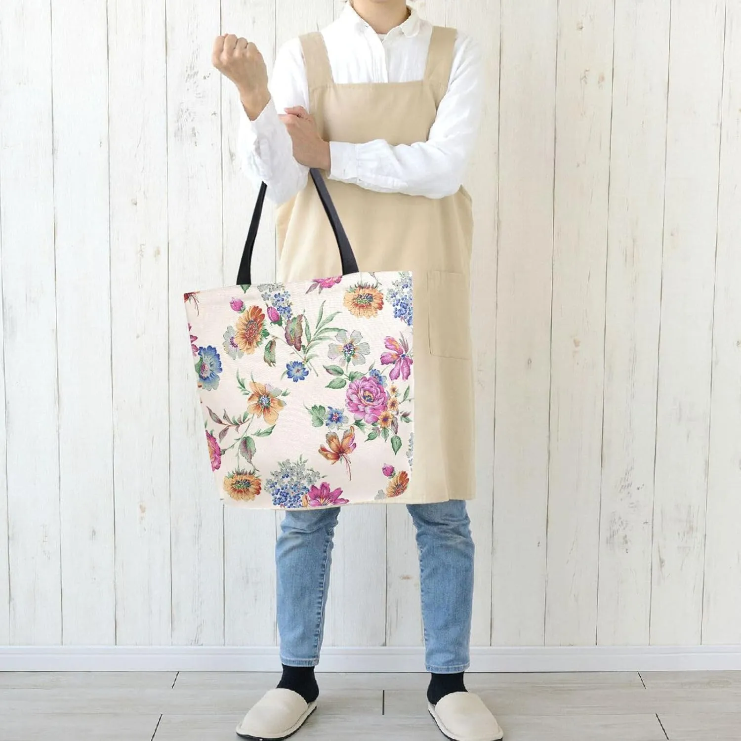 Naanle Canvas Tote Bag Large Women Casual Shoulder Bag Handbag Ethnic Flower Canvas Tote Bag Reusable Grocery Shopping Bag