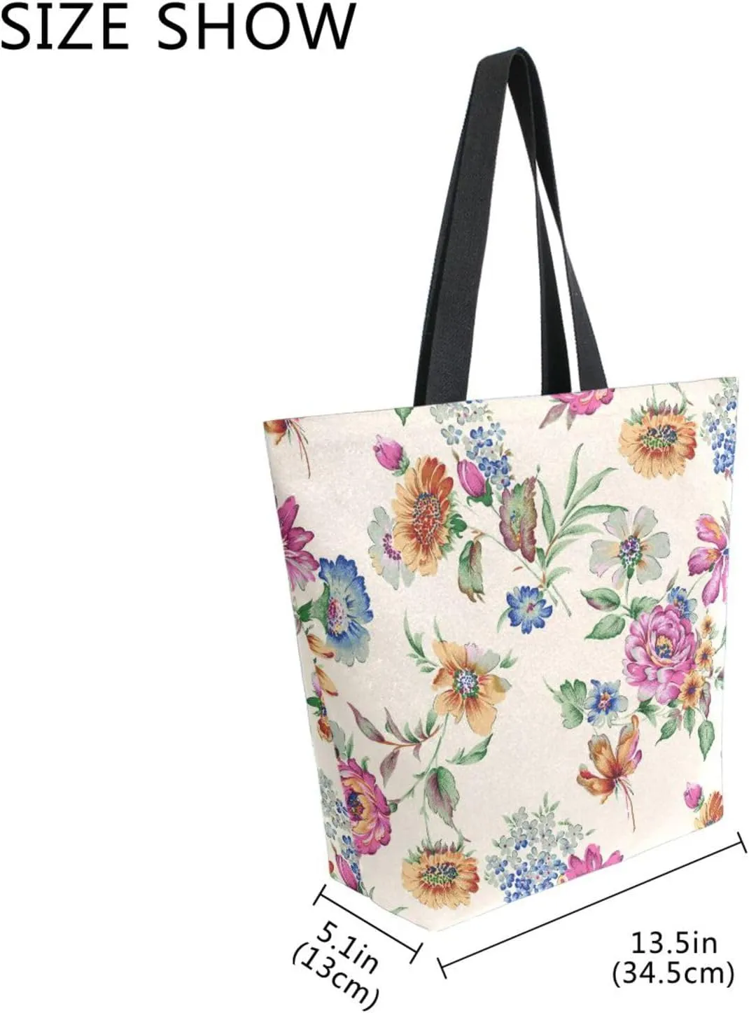 Naanle Canvas Tote Bag Large Women Casual Shoulder Bag Handbag Ethnic Flower Canvas Tote Bag Reusable Grocery Shopping Bag