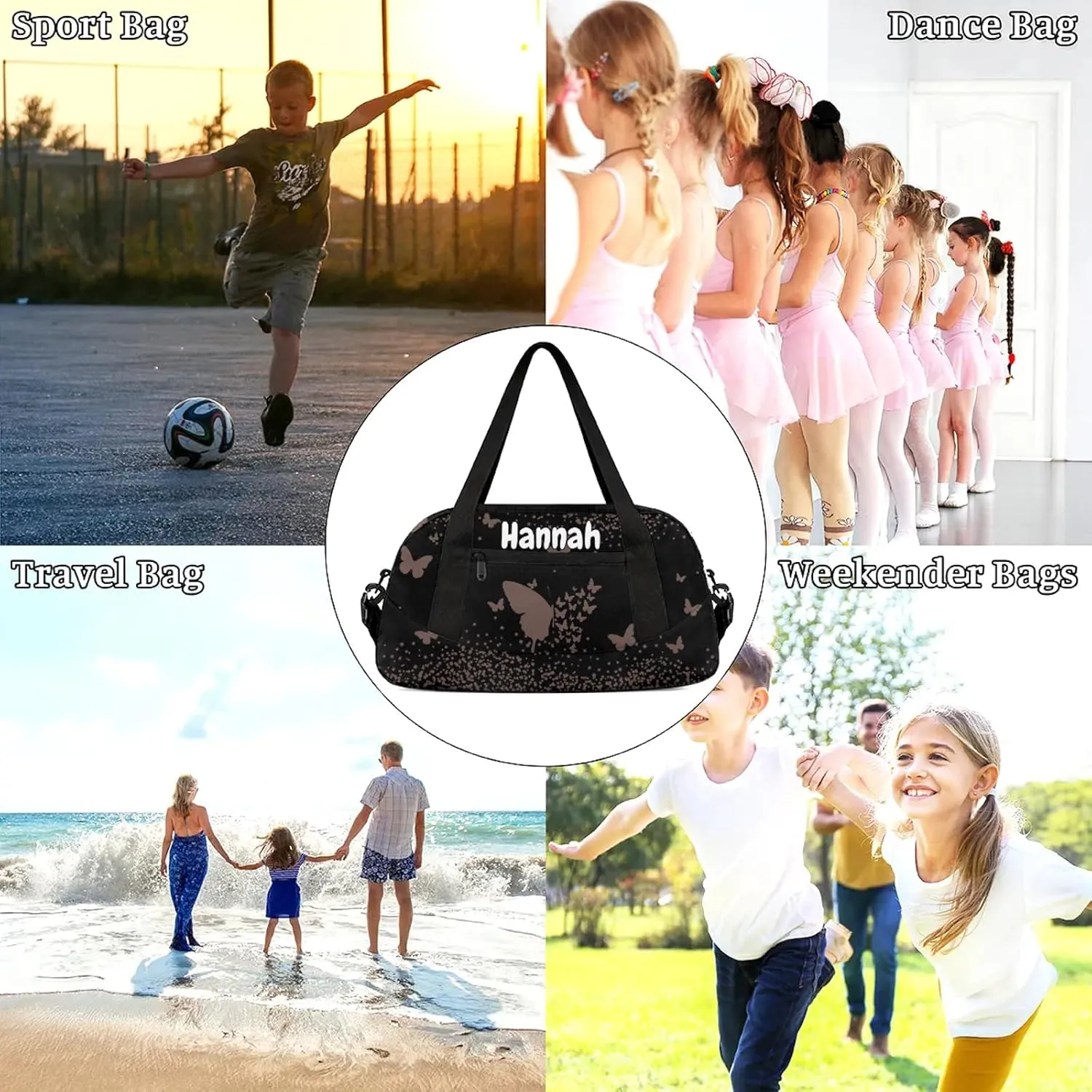Personalized Duffel Bag with Name Butterfly Custom Travel Sports Bag for Women Men Waterproof Dance Ballet Bag Lightweight 18.5in, Mocha