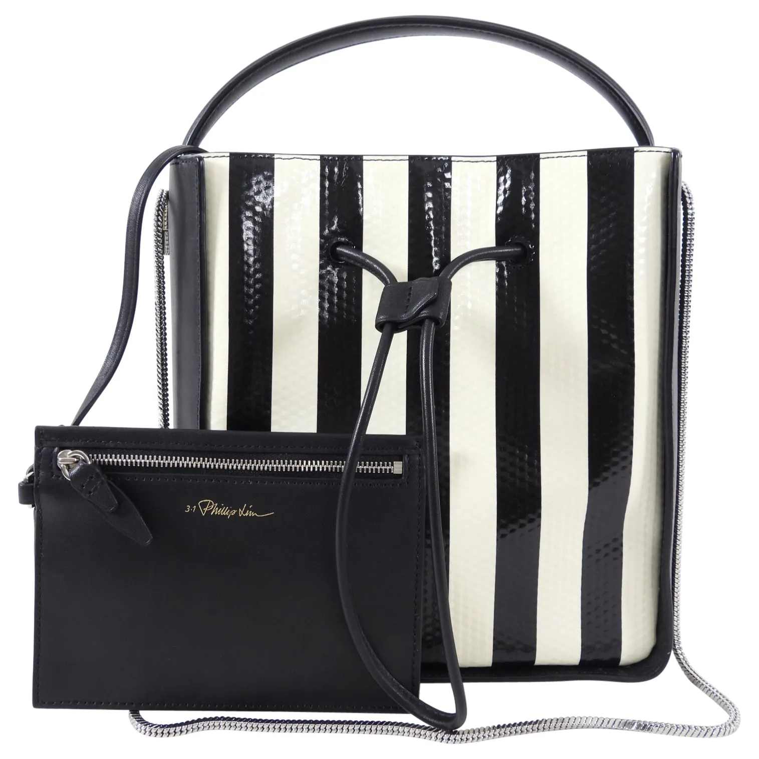 Philip Lim Black and Ivory Striped Small Drawstring Soleil Bag