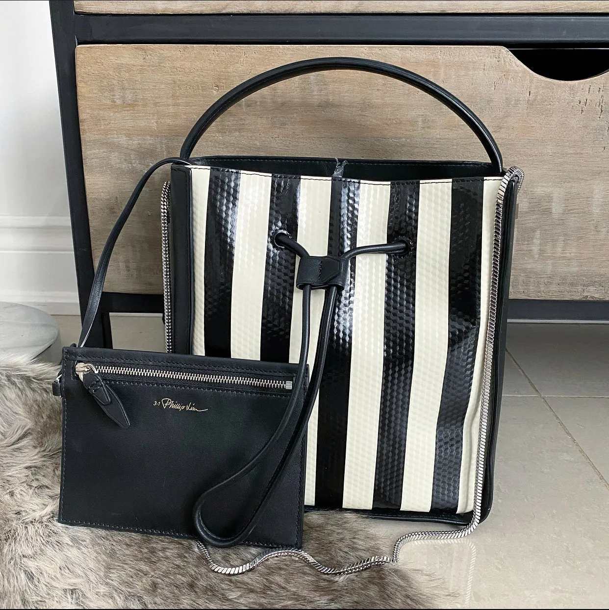Philip Lim Black and Ivory Striped Small Drawstring Soleil Bag