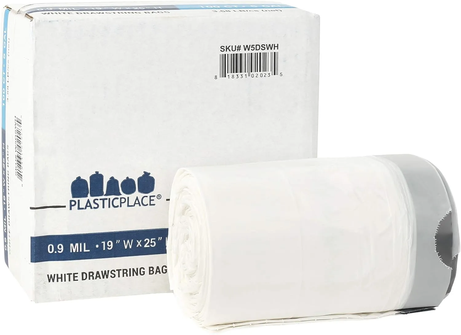 Plasticplace Trash Bags - 5 Gallon Garbage Bag Liners WhiteExtra Thick 0.9 MiL, Sturdy Drawstring Placement19" X 25" Size (100 Count)