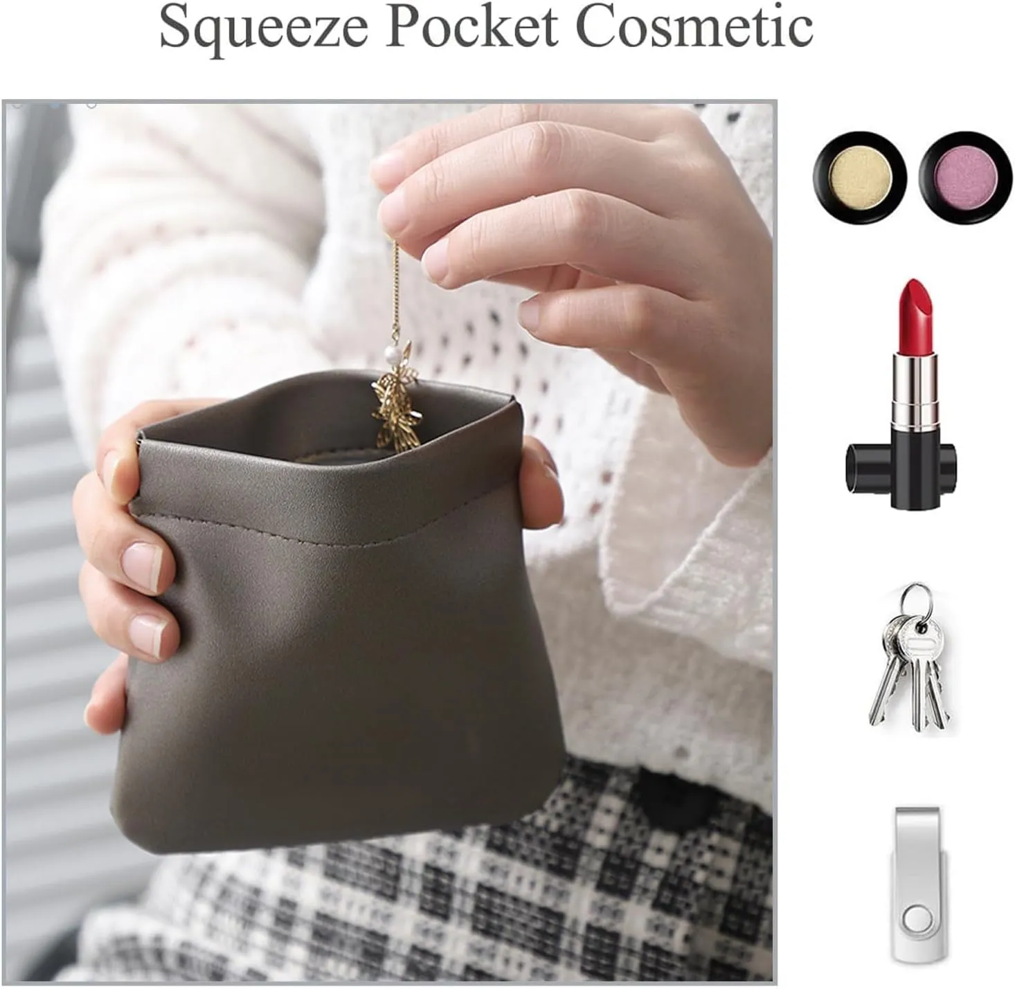 Pocket Cosmetic Bag,Pocket Cosmetic Bag Squeeze,Pocket Cosmetic Bag Waterproof Leather No Zipper Self-Closing Portable Travel Makeup Pouch (K)