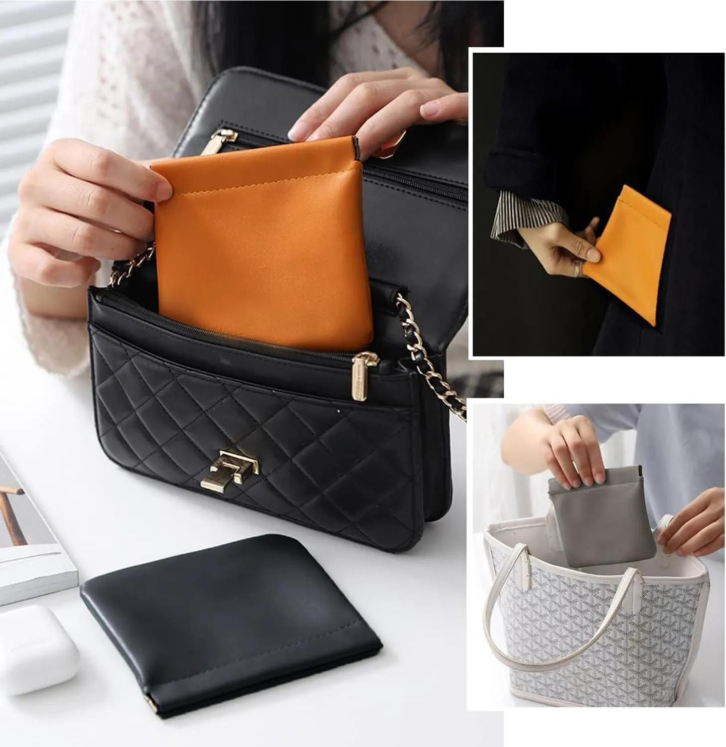 Pocket Cosmetic Bag,Pocket Cosmetic Bag Squeeze,Pocket Cosmetic Bag Waterproof Leather No Zipper Self-Closing Portable Travel Makeup Pouch (K)