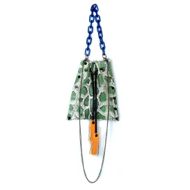 Seafoam Green Snakeprint leather Drawstring Crossbody Bag