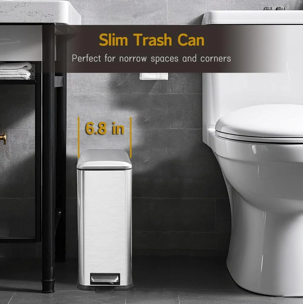 Silver 10L/2.6 Gallon Bathroom Trash Can with Lid,features a removable inner bucket, a soft - close lid and a stainless - steel step pedal,ideal for use in the bathroom, kitchen, and home office.