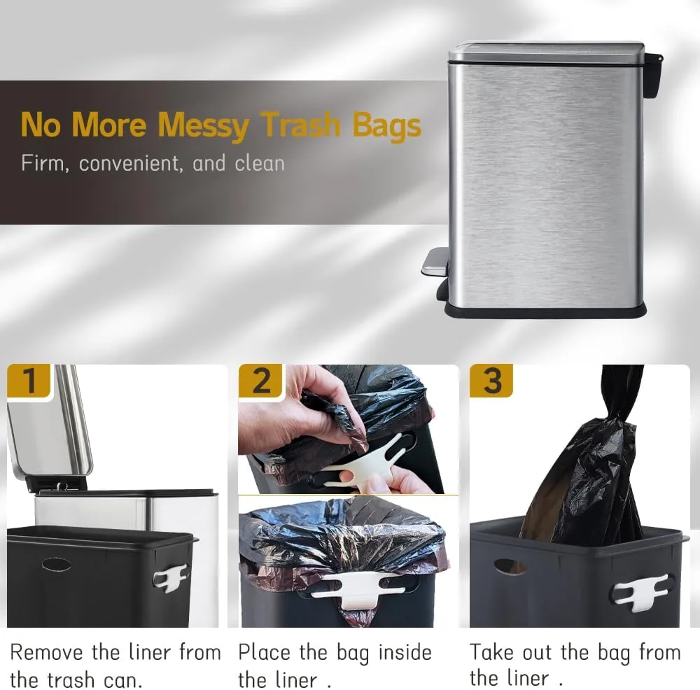 Silver 10L/2.6 Gallon Bathroom Trash Can with Lid,features a removable inner bucket, a soft - close lid and a stainless - steel step pedal,ideal for use in the bathroom, kitchen, and home office.
