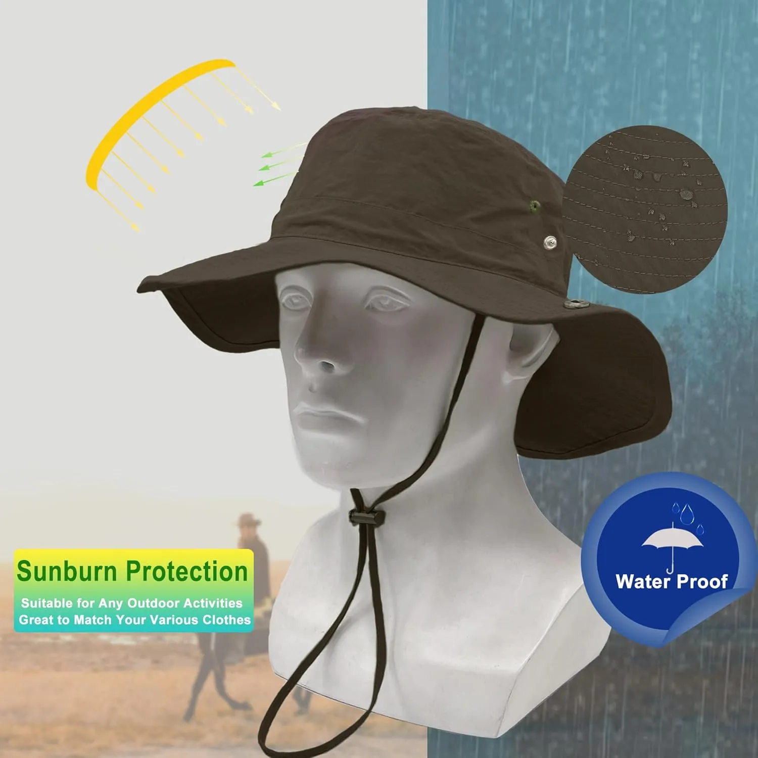 Waterproof Bucket Rain Hat for Women Wide Brim UV Protection Foldable Mesh Soft Boonie Beach Fishing Cowboy Hat Men