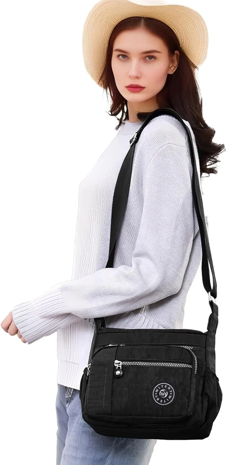 WITERY Nylon Shoulder Bags for Women - Multi-Pocket Zipper Waterproof Travel Purse Casual Small Lightweight Messenger Bag