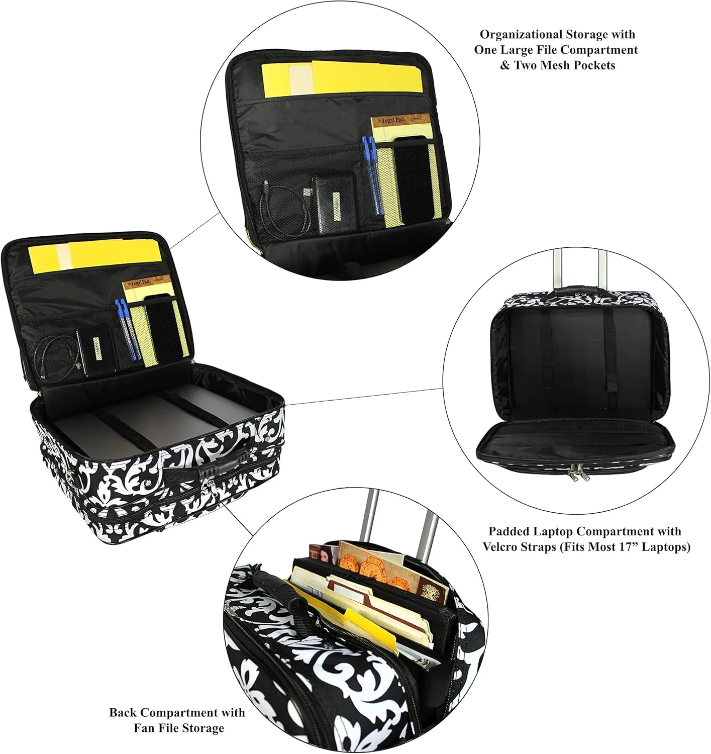 World Traveler Rolling 17-Inch Laptop Briefcase Computer Case, Black Trim Damask, One Size