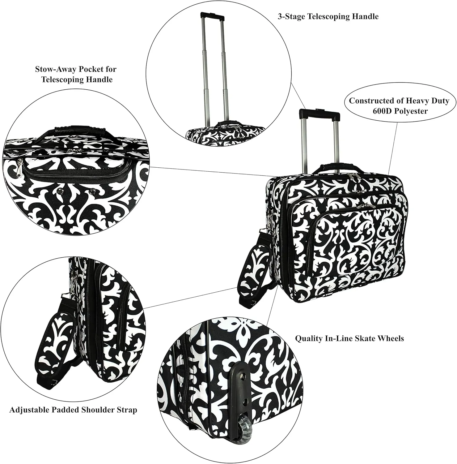 World Traveler Rolling 17-Inch Laptop Briefcase Computer Case, Black Trim Damask, One Size
